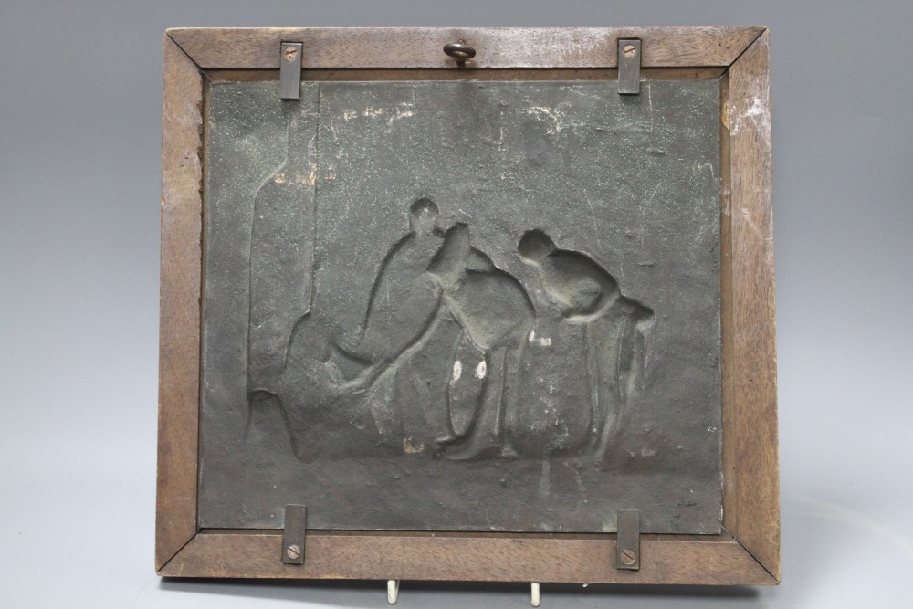 An early 20th century bronze plaque, cast in relief with Punchinello and signed Stella, 26 x 29cm, overall 32 x 36cm